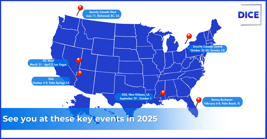 Blue map of the united states with pins at each event location